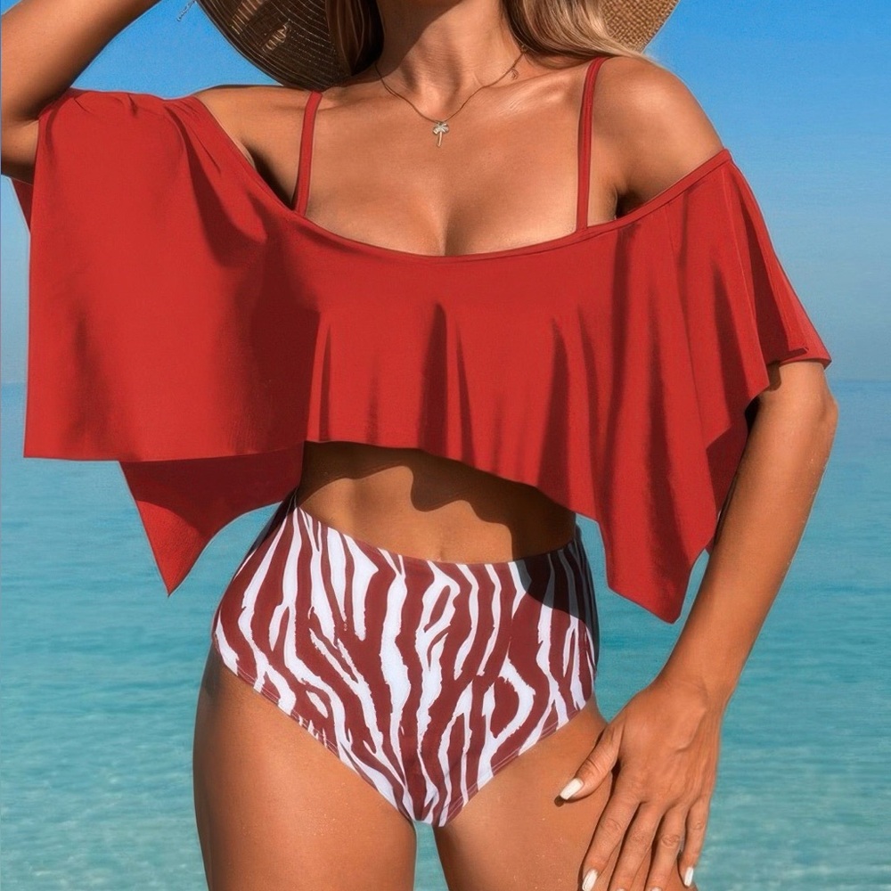 Ruffle Top High Waisted Bottom Tankini Swimsuit